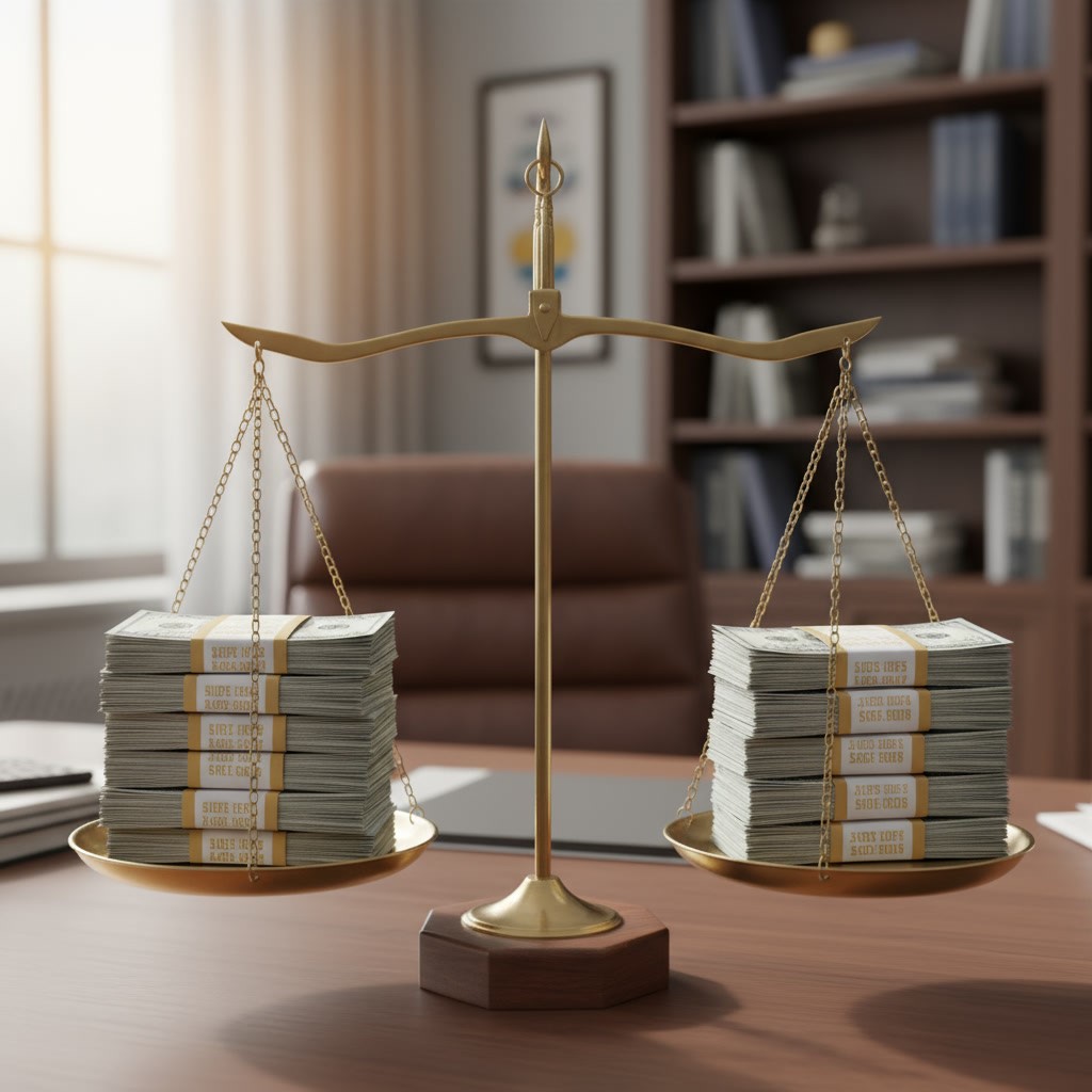 Balance scales weighing money representing cash offer financial comparison